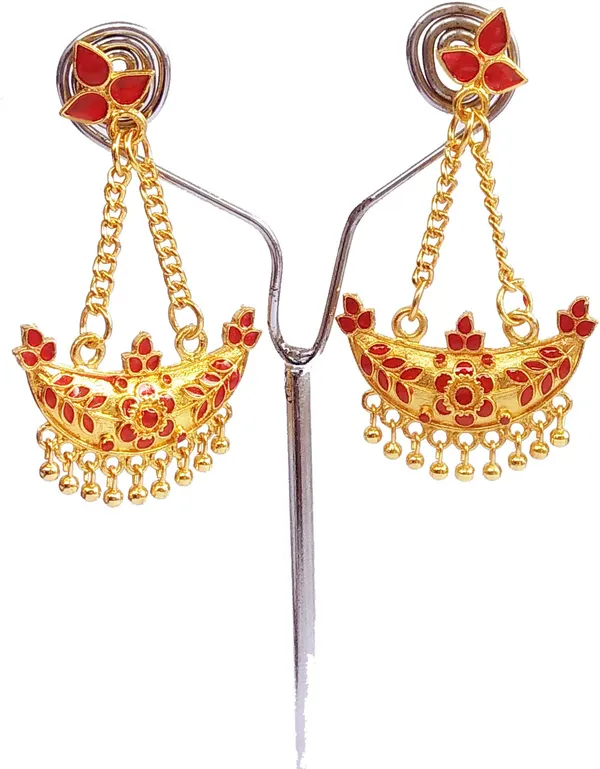 Assamese_Traditional_Copper_Gold_Plated_Red_Colour_Jhumki_Earring_For_Girls_&_Women